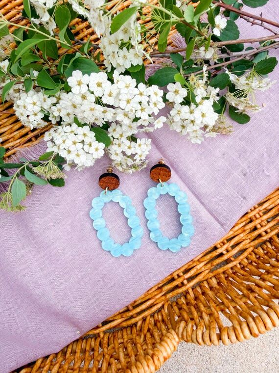 Handmade Earrings: Blue Pearl Mesquite Wood a...