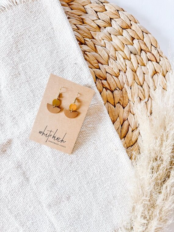 Tan Leather Half Moon Earrings | Small Geomet...