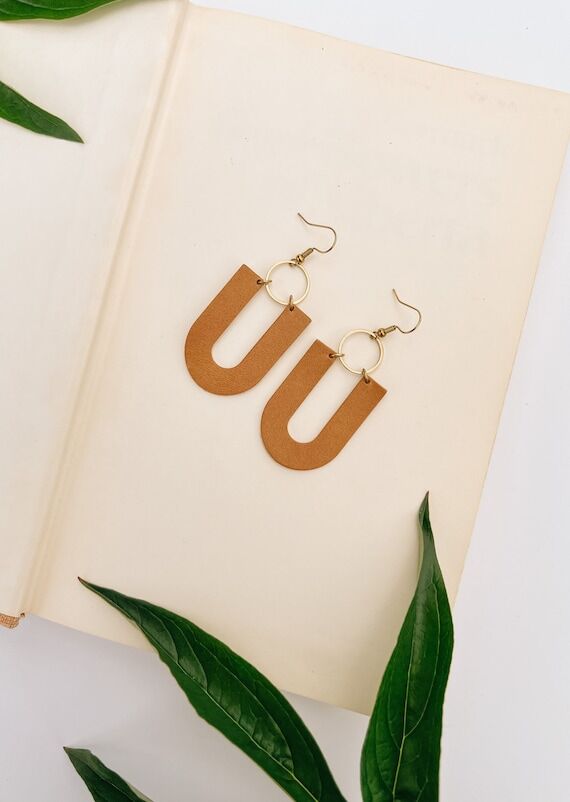Biscuit Brown Leather Earrings | Brown & Bras...