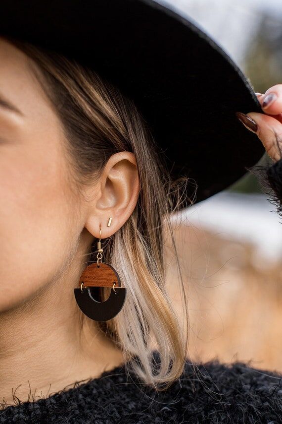 Black Leather & Sapele Wood Earrings | Geomet...