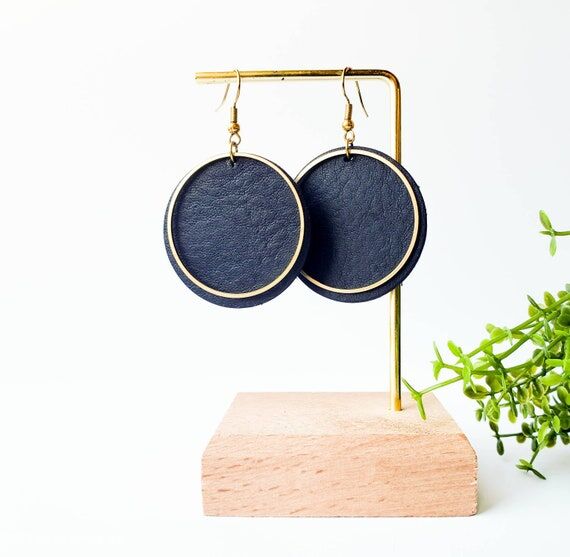 Black Leather Circle Earrings | Large Geometr...
