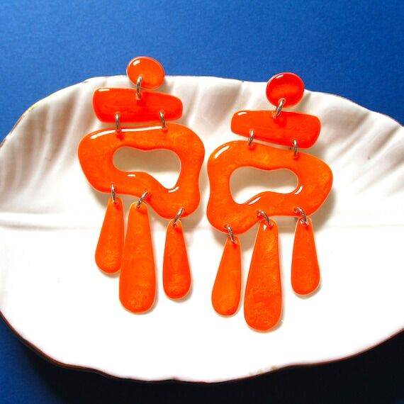Neon Orange Statement Earrings - Handmade...