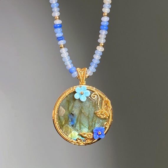 Wire Wrapped Labradorite Flower Pendant Neckl...
