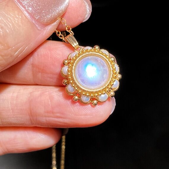 Handmade Rainbow Moonstone with Pearl Pendant...