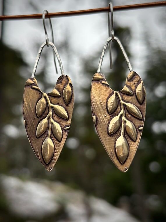 Handmade Brass Leaf Earrings: Sterling Silver...