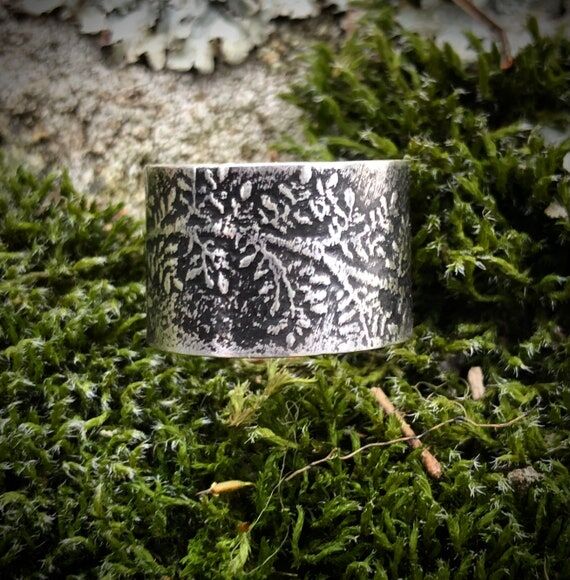 Sterling silver wide band Moss ring with text...
