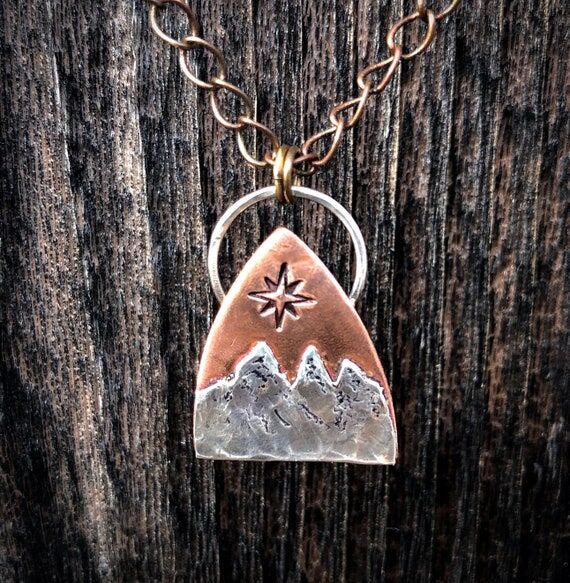 Cooper and silver handmade mountain pendant w...
