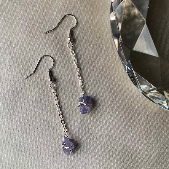 Purple Tanzanite Drop Earrings Wire Wrapped i...
