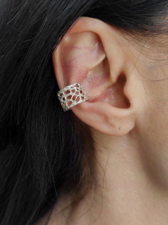 Wide Flat Ear Cuff Oxidized Silver Gold Ear C...
