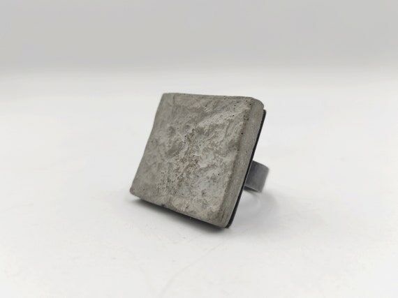 Square Concrete Ring Oxidized Silver Ring wit...