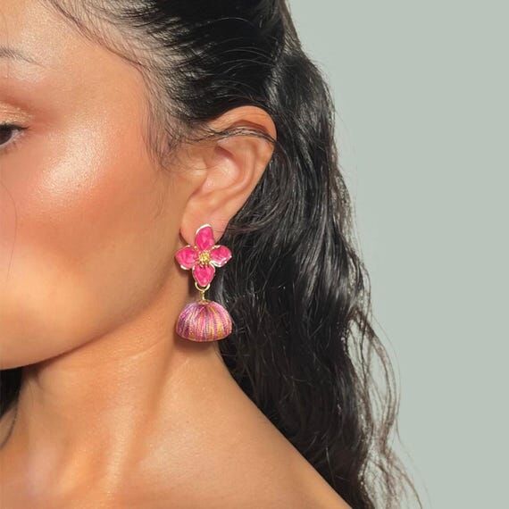 Fuschia Flower Silk Thread Handcrafted Jhumka...