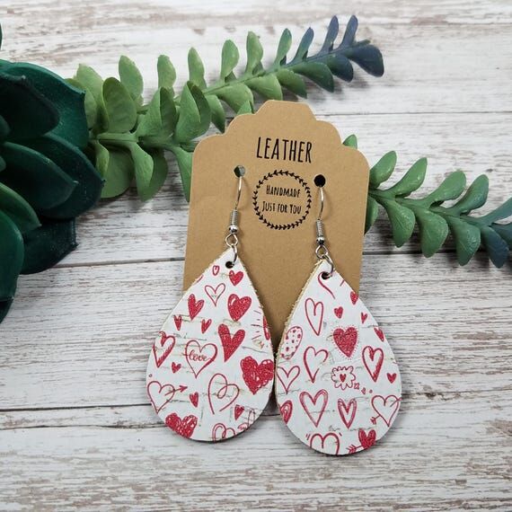 Small Heart Cork Leather Teardrop Earrings, V...