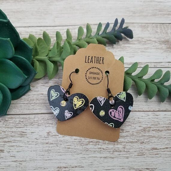 Mini Heart Cork Leather Dangle Earrings, Colo...