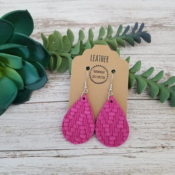 Mini Pink Teardrop Suede Leather Earrings, Ch...