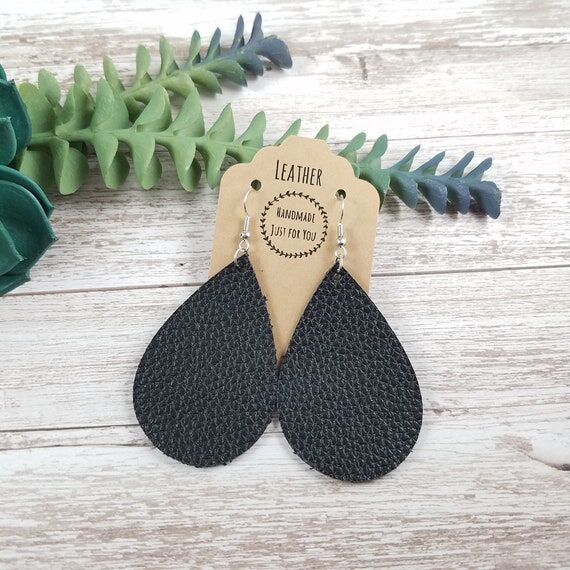 Black Leather Teardrop Earrings, Textured Dan...