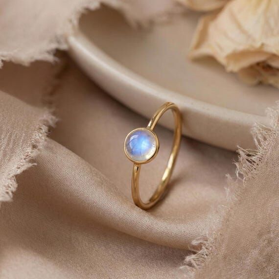 Rainbow Moonstone 14K Gold Ring, Handmade 925...