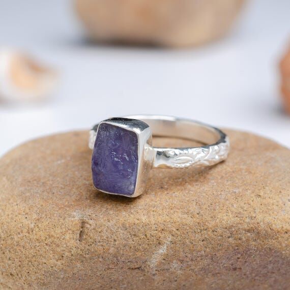 Raw Tanzanite Sterling Silver Floral Ring: De...