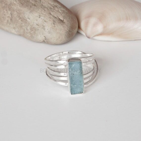 Raw Aquamarine Spiral Ring, Natural Bar Ring,...