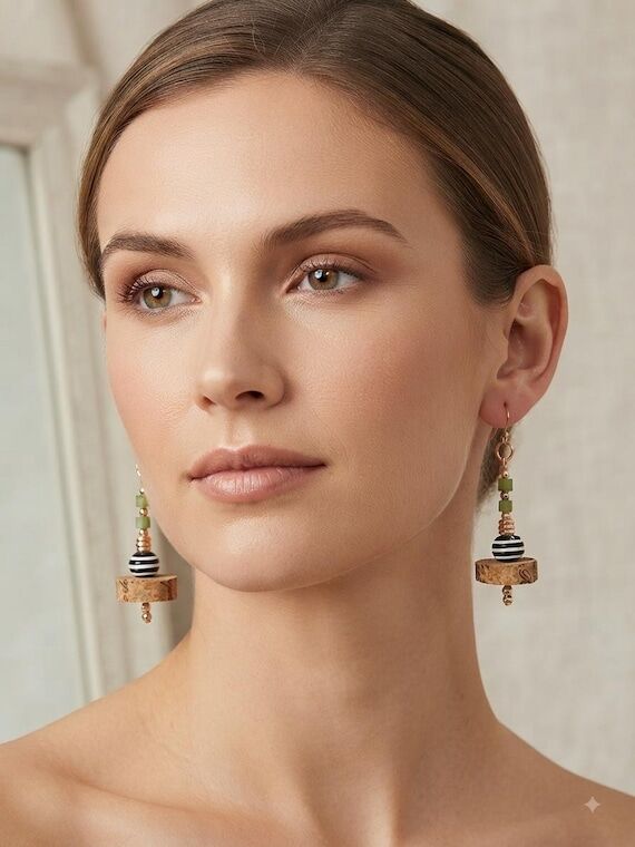 Boho Cork Bead Earrings, Olive Green & Black ...