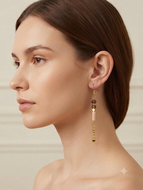 Dangley Gold Earrings with Opal Bead, Brown B...
