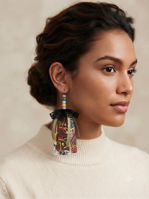 Colorful Fabric Tassel Earrings with Black Bo...
