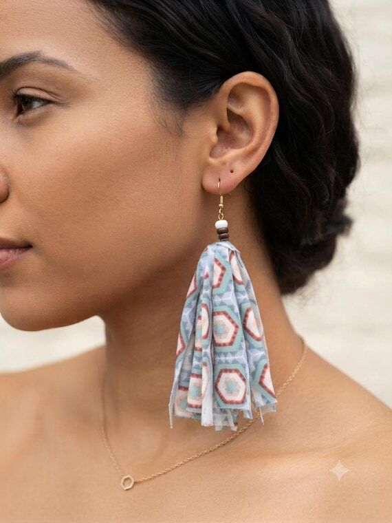Boho Geometric Pattern Tassel Fabric Earrings...