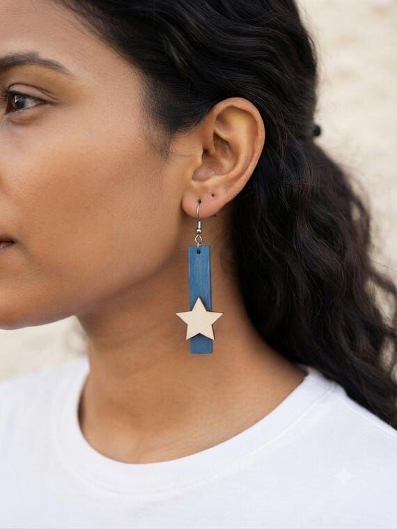 Handmade Blue Clothes Pin Earrings with Woode...