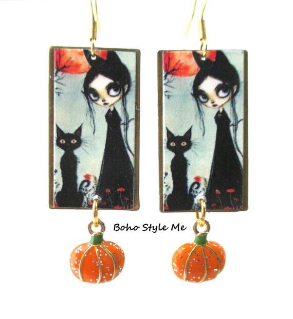 Funky Fun Black Cat Halloween Earrings in Gol...
