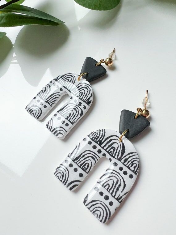 Handmade Clay Dangle Earrings: Abstract Rainb...