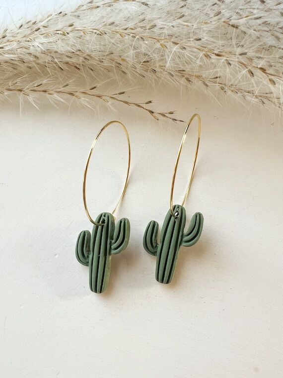 Saguaro Cactus Hoop Earrings: Lightweight Pol...