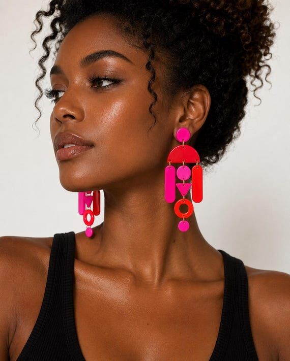 Neon Pink & Cherry Red Statement Earrings | G...