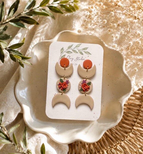 Handmade Floral Moon Polymer Clay Earrings | ...