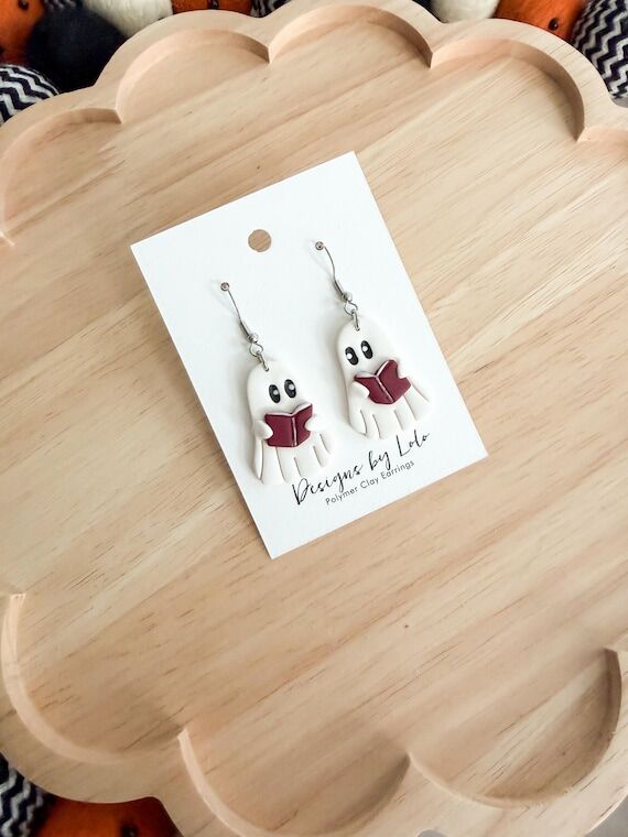 Reading Ghost Earrings, Bookish Halloween Ear...