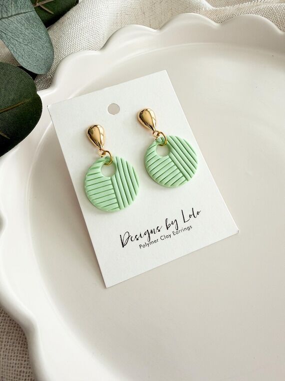 Green Striped Circle Earrings | Circular Poly...