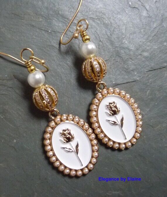 Handmade Gold Rose Cameo Earrings: Vintage In...