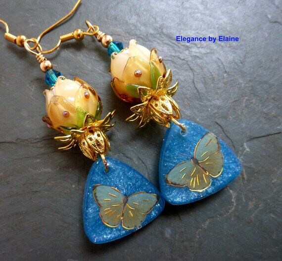 Lampwork Rosebud Earrings: Gold Butterfly Blu...