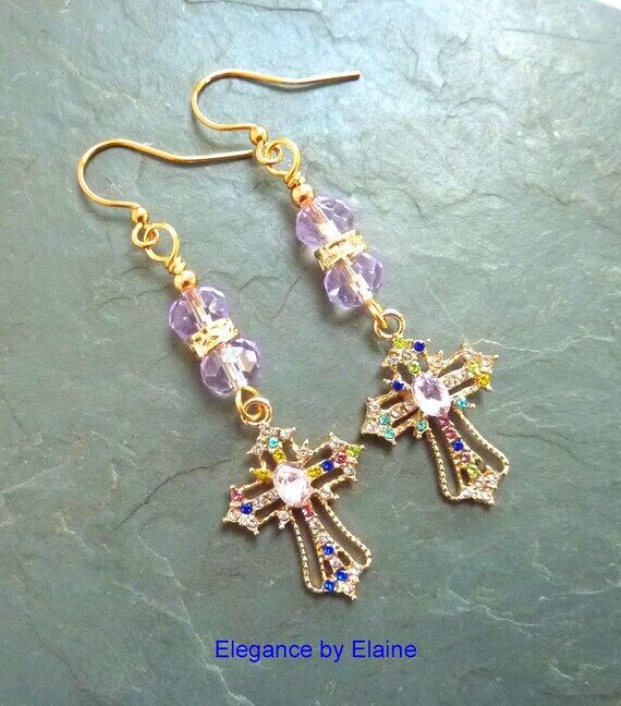 Multi Color Gold Cross Earrings Spiritual Fai...