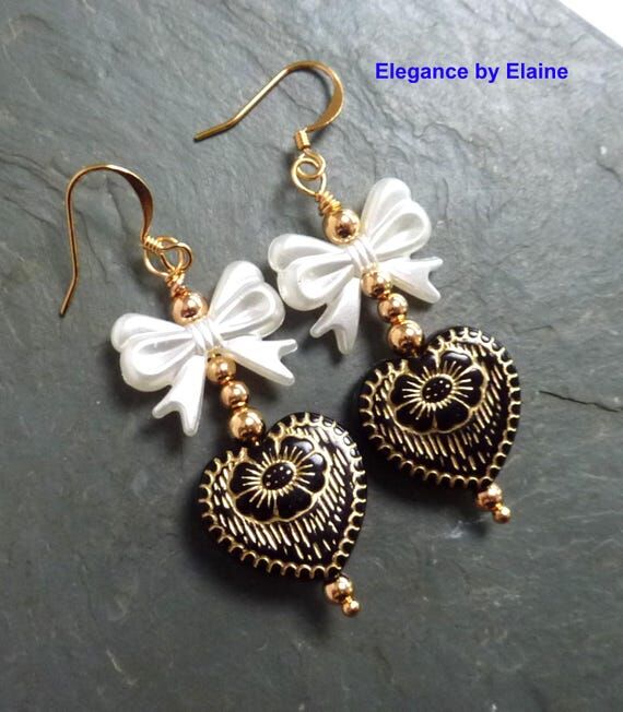 Black Heart Earrings: Czech Glass, Resin Bows...