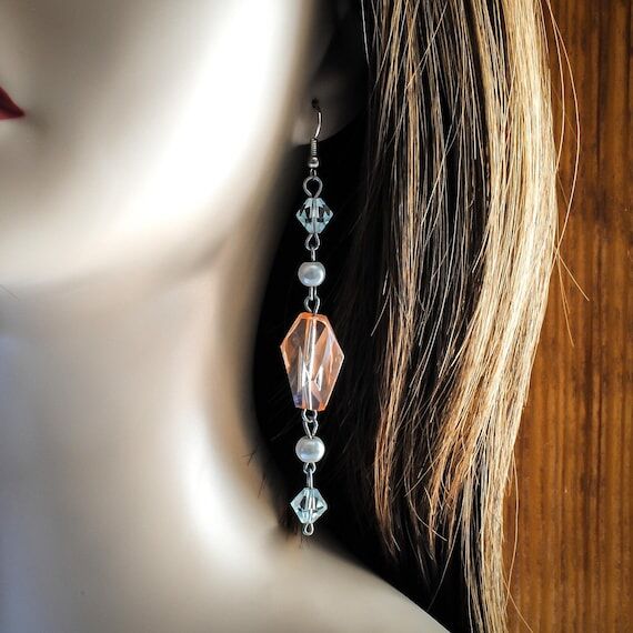 Long Pink and Blue Beaded Earrings...
