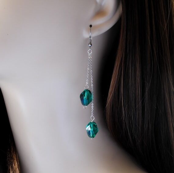 Long Emerald Green Crystal Beaded Earrings...
