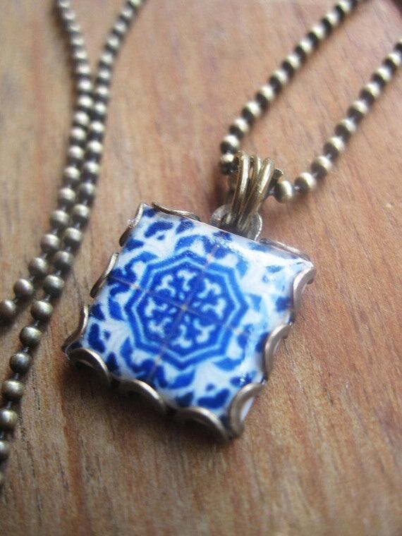 Portuguese Tile Necklace: Blue Folk Art Penda...