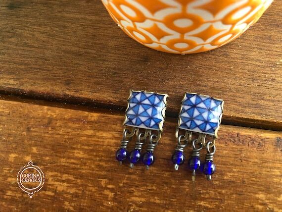 Cobalt Blue Tile Earrings: Geometric Indian J...