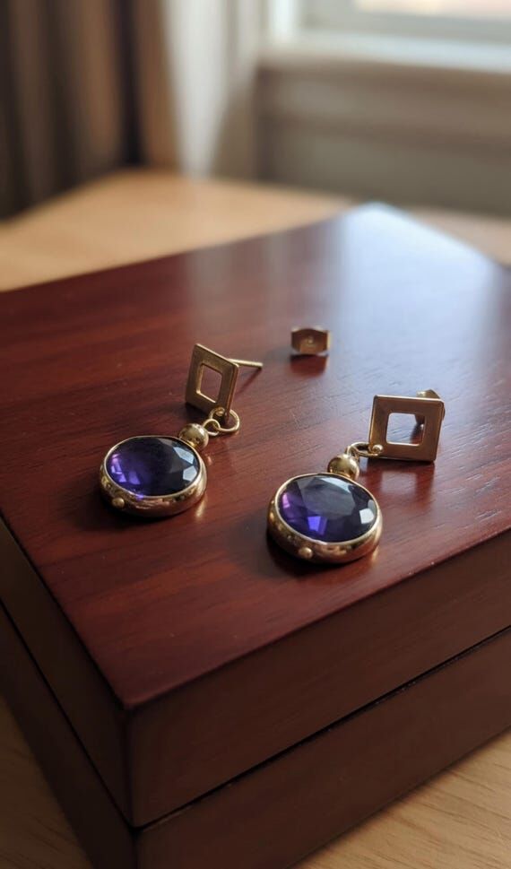 Gold Framed Purple Bead Drop Earrings: Lightw...