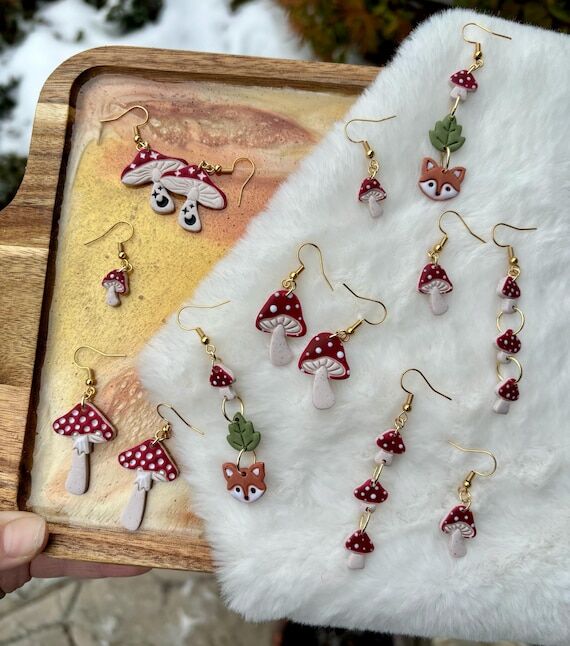 Handmade Polymer Clay Mushroom Earrings: Whim...