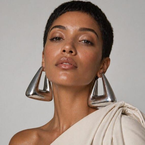 Silver Geometric Big Hoop Earrings: Chunky Bo...