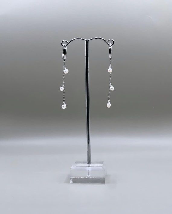 Dangling Pearl Drop Earrings, Rhodium Plated ...