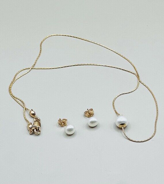 Floating Pearl Necklace and Studs, 14K Goldfi...