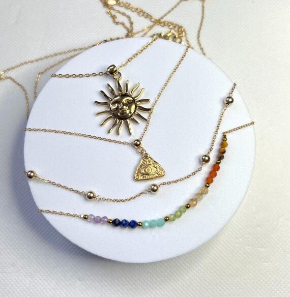 Gold Evil Eye Sun 7 Chakras Necklace, Boho Pr...