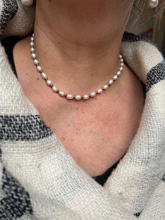 Freshwater Pearl and Gold Hematite Beaded Nec...
