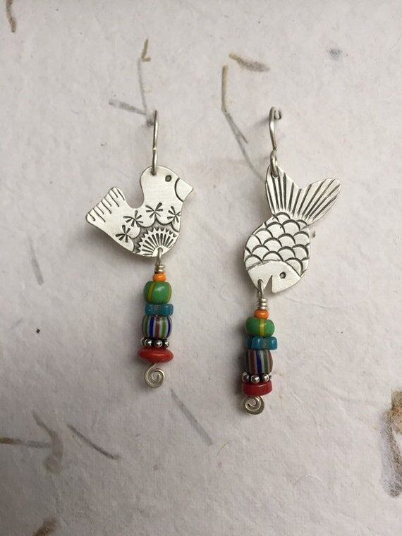 Blue Bird and Fish Earrings, Bird and Fish Ea...
